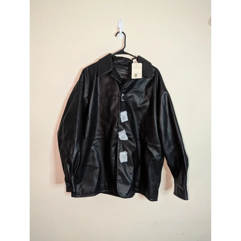 Levis Mens Recycled Leather Shirt Jacket Black Button Front A32500001 Size L NEW - Picture 3 of 13